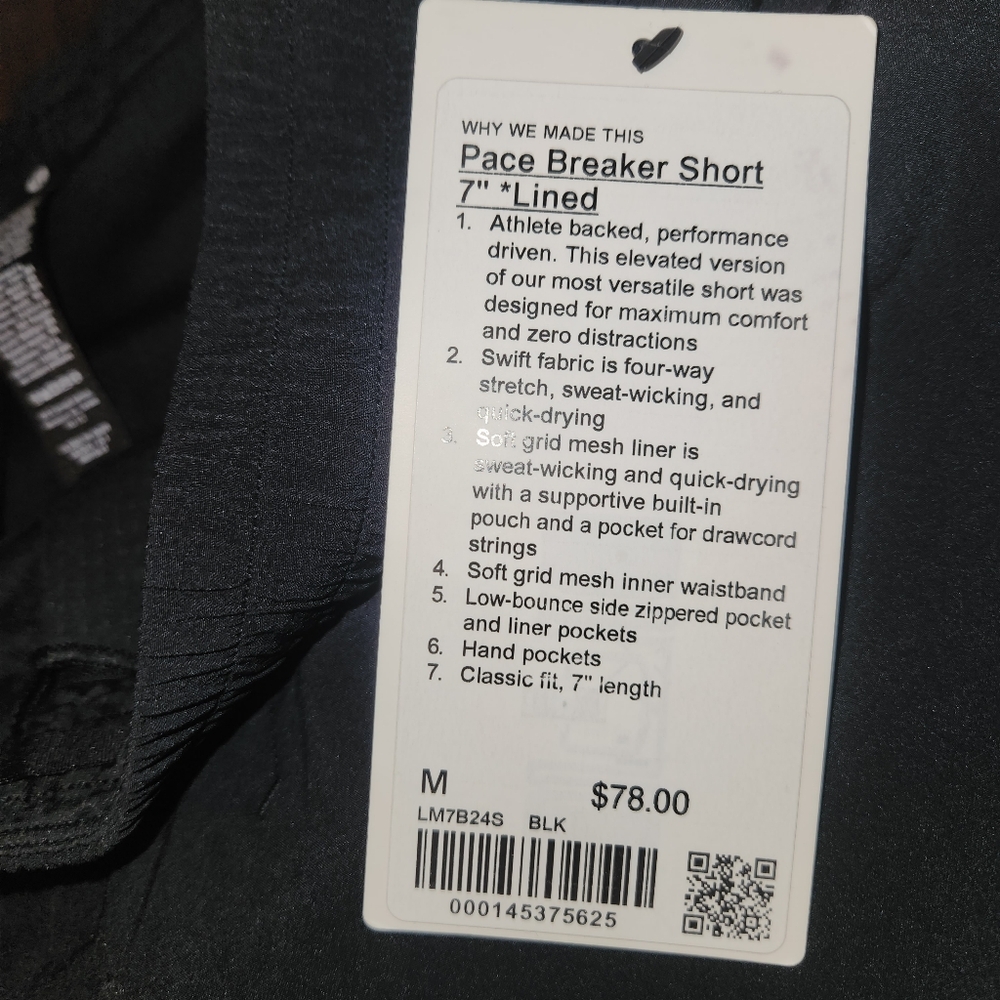 NWT Lululemon Pace Breaker Short Lined  7"  Medium  Black - Picture 4 of 4